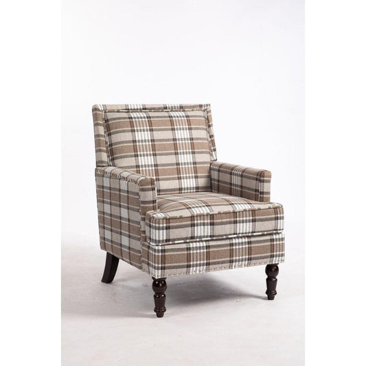 Upholstered Accent Chair, Vintage Armchair with Blue and White Striped Linen Fabric and Nailhead Trim for Living Room