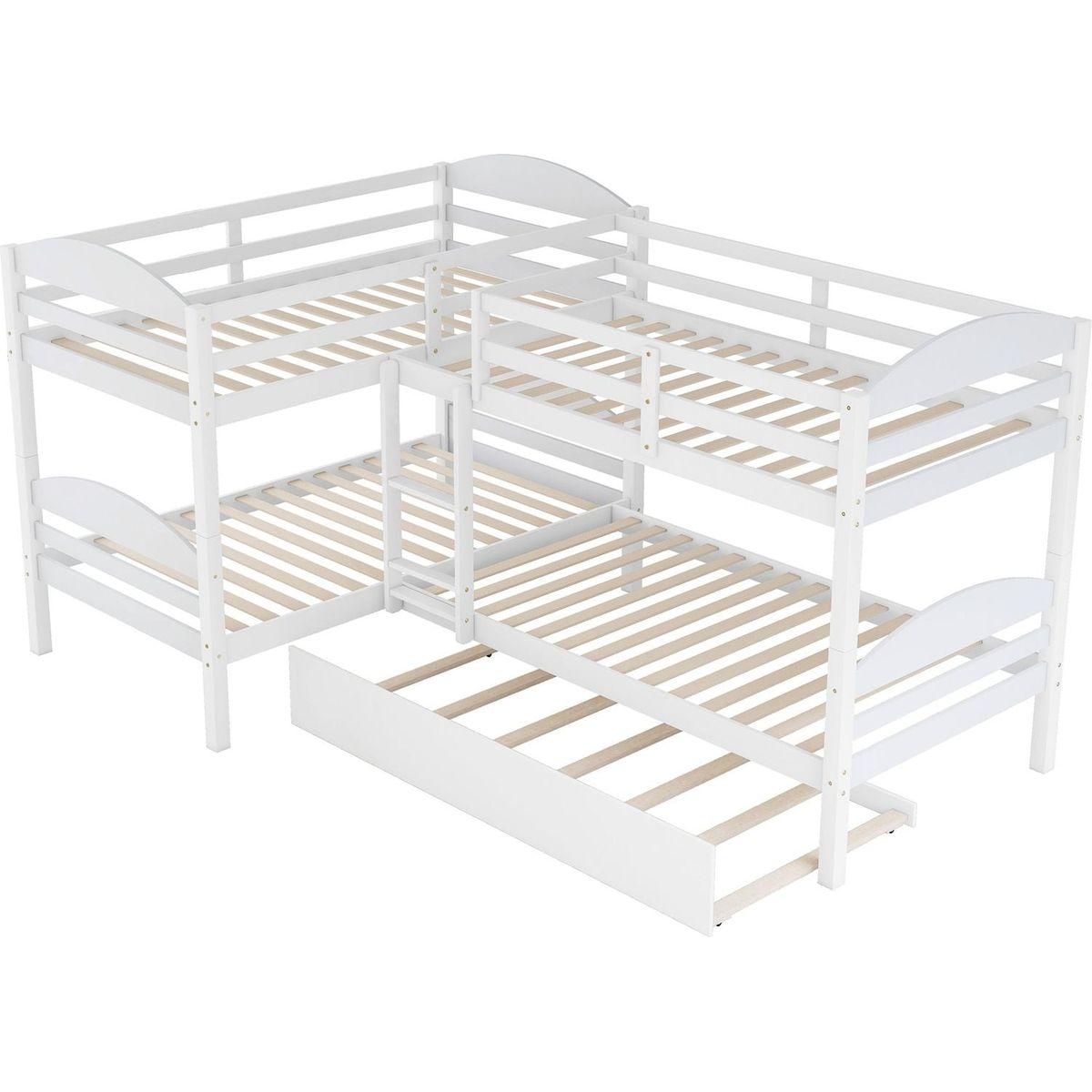 Twin L-Shaped Bunk bed with Trundle-White{O