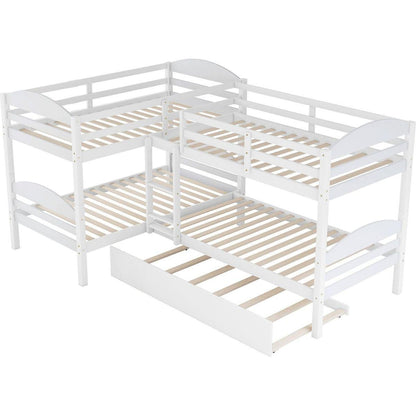 Twin L-Shaped Bunk bed with Trundle-White{O