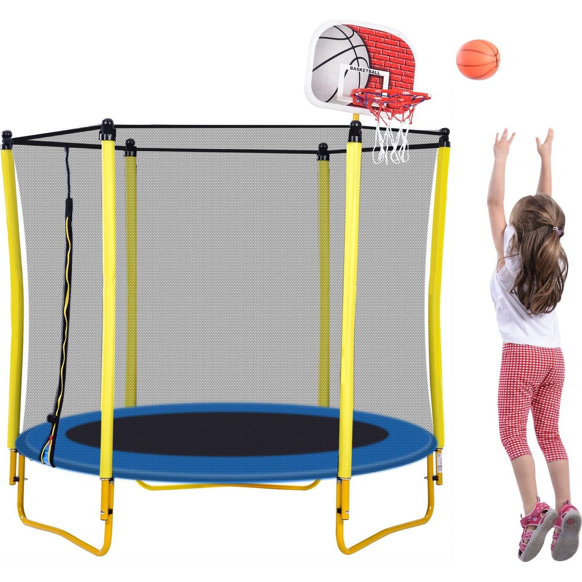 5.5FT Trampoline for Kids - 65" Outdoor & Indoor Mini Toddler Trampoline with Enclosure, Basketball Hoop and Ball Included