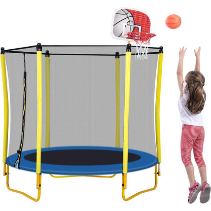 5.5FT Trampoline for Kids - 65" Outdoor & Indoor Mini Toddler Trampoline with Enclosure, Basketball Hoop and Ball Included