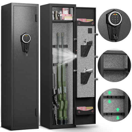 5-6 Gun Safe Home Rifle and Pistol Safe, Quick Access Long Gun Safe Shotgun Rifle Cabinet, Physical Button Panel Zinc Alloy Handle High Security Five Locking Bolts with Two Bullet Slots and Pistol Pou