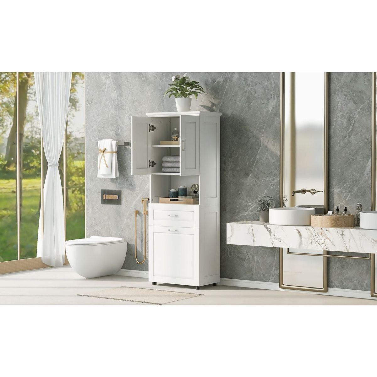 Tall Bathroom Cabinet with Laundry Basket, Large Storage Space Tilt-Out Laundry Hamper and Upper Storage Cabinet, White