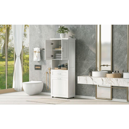 Tall Bathroom Cabinet with Laundry Basket, Large Storage Space Tilt-Out Laundry Hamper and Upper Storage Cabinet, White