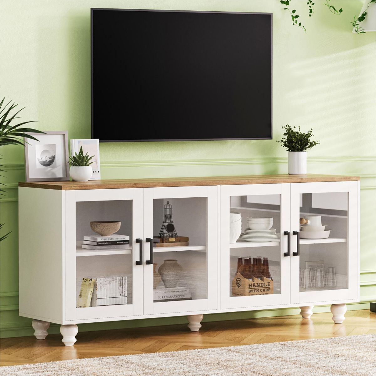 ON-TREND Farmhouse TV Stand with Tempered Glass Doors for TVs Up to 70', Versatile Sideboard with Adjustable Shelves, Elegant Buffet Cabinet with 5 Solid Wood Gourd-Shaped Legs for Living Room, White