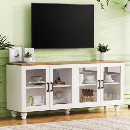 ON-TREND Farmhouse TV Stand with Tempered Glass Doors for TVs Up to 70', Versatile Sideboard with Adjustable Shelves, Elegant Buffet Cabinet with 5 Solid Wood Gourd-Shaped Legs for Living Room, White