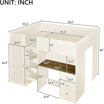Wood Full Size Loft Bed with Built-in Wardrobe, Desk, Storage Shelves and Drawers, Beige