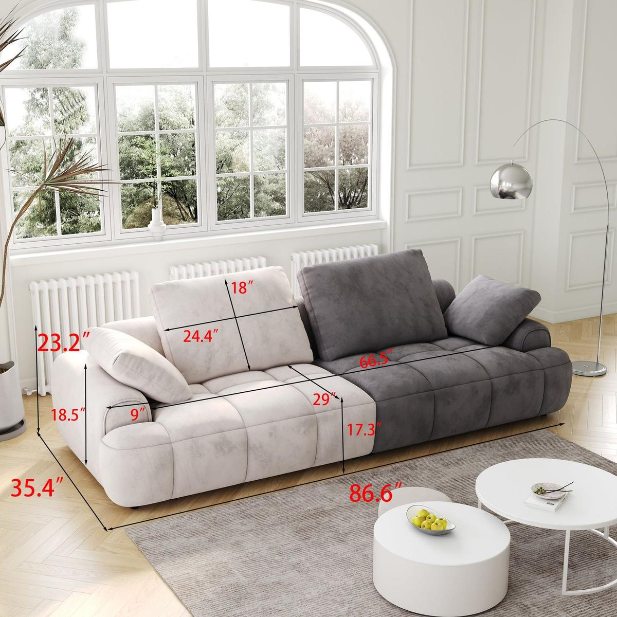 86.6"Large size two Seat Sofa,Modern Upholstered,Beige paired with grey suede fabric