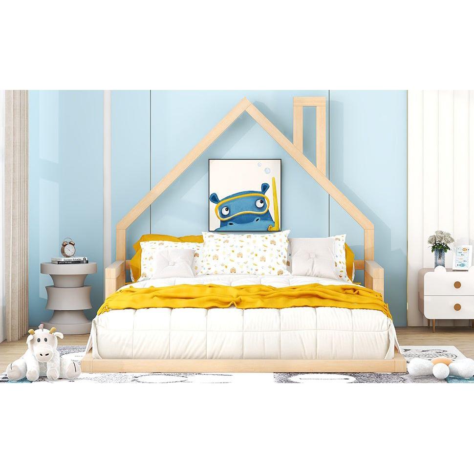 Full Size Wood Floor Bed with House-shaped Headboard, Natural