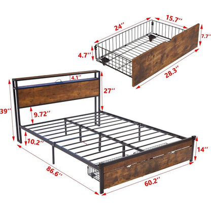Queen Size Metal Platform Bed Frame with Wooden Headboard and Footboard with USB,Charging Station,2 Drawers,LED Lights, No Box Spring Needed, Easy Assemble