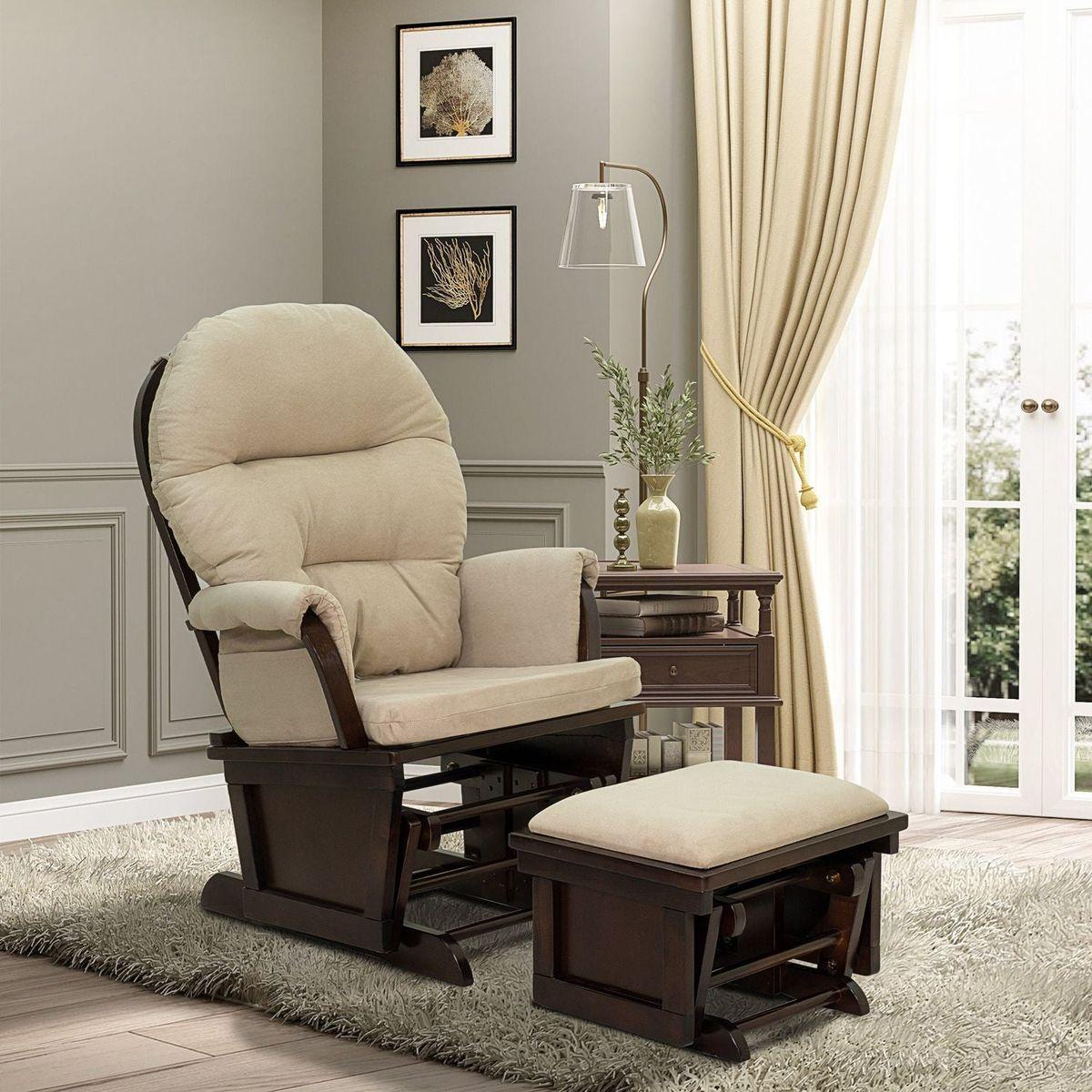 Nursery Glider Rocking Chair with Ottoman, Thick Padded Cushion Seating and Wood Base, Cream White