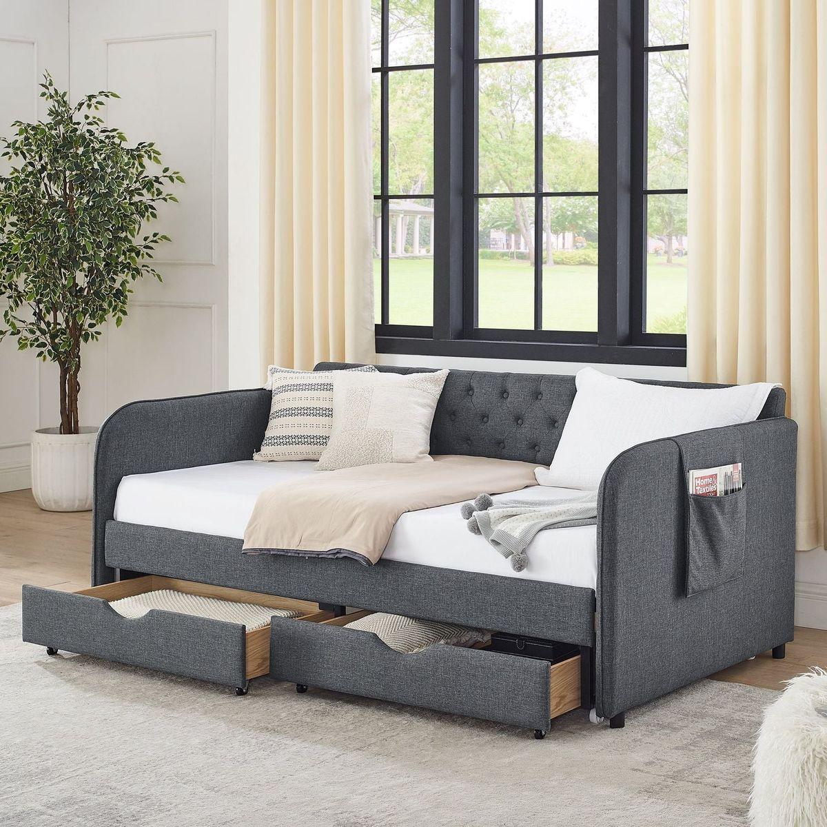 Twin Size Upholstery Daybed with Trundle Bed and Two Storage Drawers, Flat Arms with Pocket, Extendable Daybed for Bedroom Living Room,Linen Dark Gray