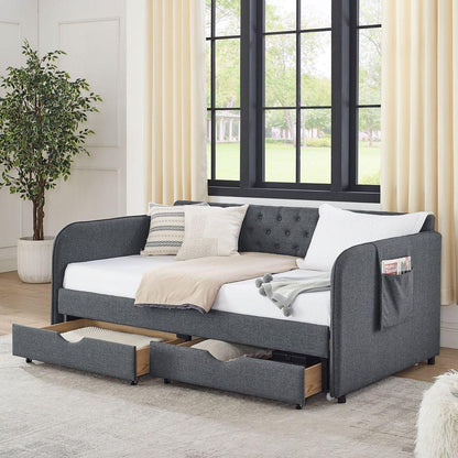 Twin Size Upholstery Daybed with Trundle Bed and Two Storage Drawers, Flat Arms with Pocket, Extendable Daybed for Bedroom Living Room,Linen Dark Gray