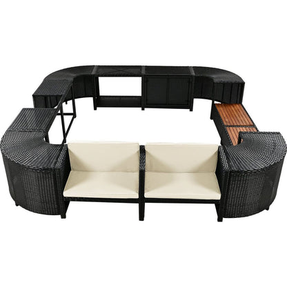 Spa Surround Spa Frame Quadrilateral Outdoor Rattan Sectional Sofa Set with Mini Sofa,Wooden Seats and Storage Spaces, Beige