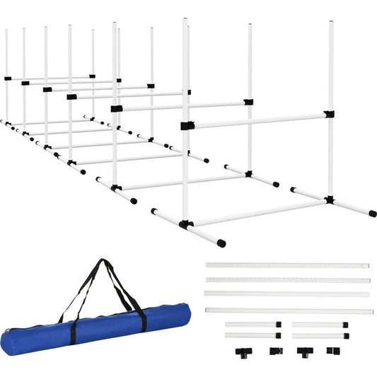 6 Piece Dog Agility Training Equipment for Dog Agility Course with Adjustable Height Jump Bars, Included Carry Bag, & Displacing Top Bar, White