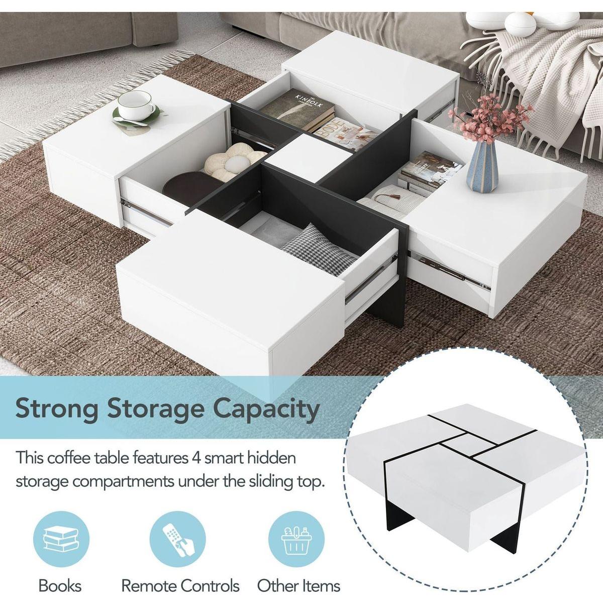 Unique Design Coffee Table with 4 Hidden Storage Compartments, Square Cocktail Table with Extendable Sliding Tabletop, UV High-gloss Design Center Table for Living Room, 31.5"x 31.5"