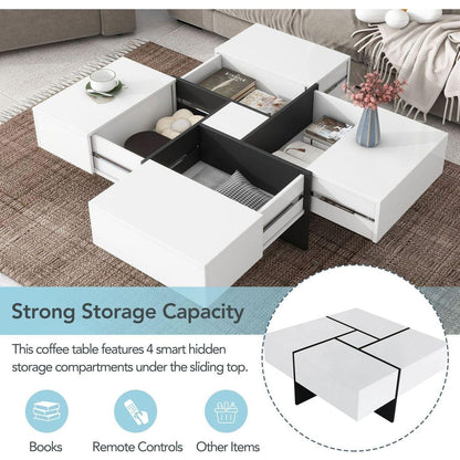 Unique Design Coffee Table with 4 Hidden Storage Compartments, Square Cocktail Table with Extendable Sliding Tabletop, UV High-gloss Design Center Table for Living Room, 31.5"x 31.5"