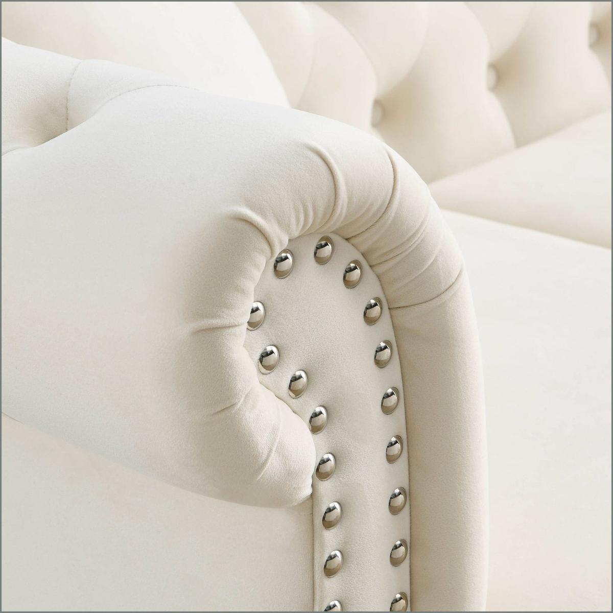 80" Chesterfield Sofa Beige Velvet for Living Room, 3 Seater Sofa Tufted Couch with Rolled Arms and Nailhead for Living Room, Bedroom, Office, Apartment, two pillows