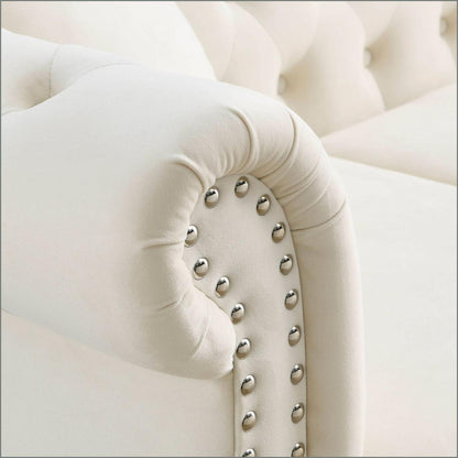 80" Chesterfield Sofa Beige Velvet for Living Room, 3 Seater Sofa Tufted Couch with Rolled Arms and Nailhead for Living Room, Bedroom, Office, Apartment, two pillows