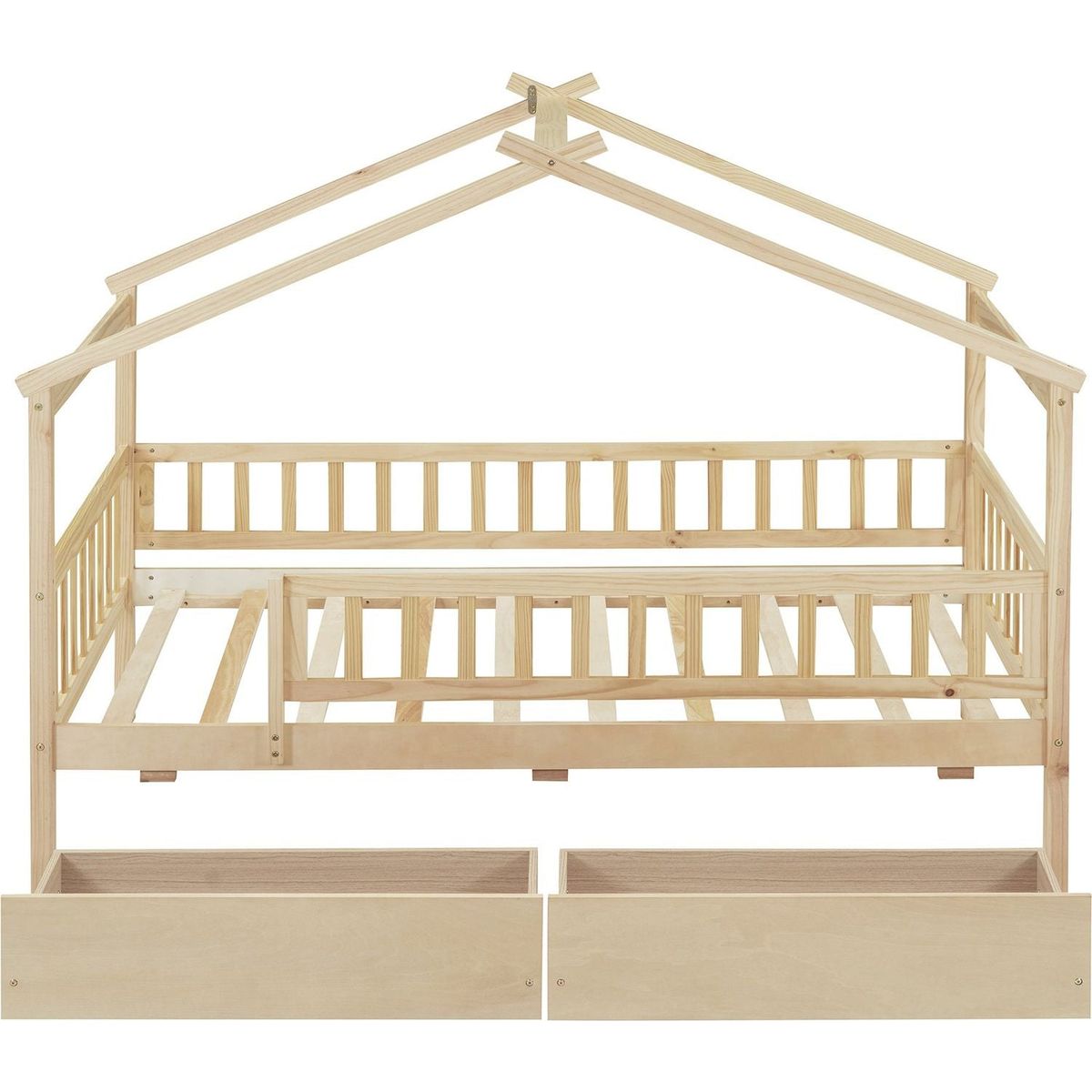 Twin Size Wooden House Bed with Two Drawers, Natural