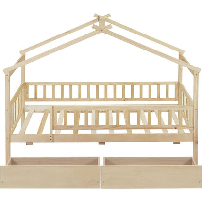 Twin Size Wooden House Bed with Two Drawers, Natural