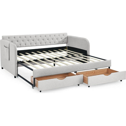 Twin Size Upholstery Daybed with Trundle Bed and Two Storage Drawers, Flat Arms with Pocket, Extendable Daybed for Bedroom Living Room,Linen Beige
