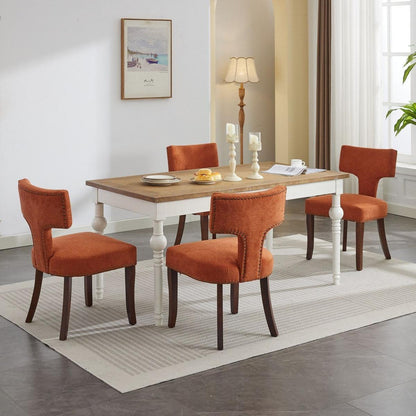 Mid Century Modern Dining Chairs Set of 2, Farmhouse Linen Fabric Upholstered Accent Chair Curved Backrest with Copper Nails around,Kitchen Chairs with Hardwood Frame, Orange