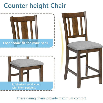 5 Piece Dining Table Set, Wooden Dining Square Table Set for 4, Counter Height Kitchen Table Set with Square Table and 4 Upholstered Chairs for Small Space, Walnut