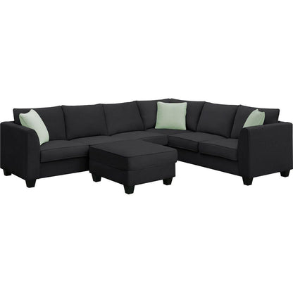 112x87" Sectional Sofa Couches Living Room Sets, 7 Seats Modular Sectional Sofa with Ottoman, L Shape Fabric Sofa Corner Couch Set with 3 Pillows, Black(New of GS008210AAB)