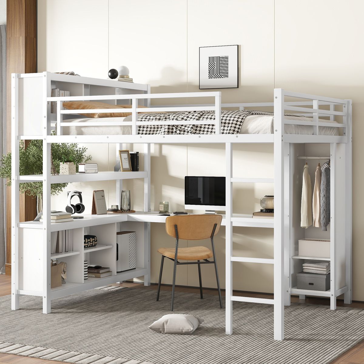 Metal Loft Bed with Wardrobe And L-shaped Desk, Queen Size Loft Bed with Storage Cubes and Shelves, Heavy Duty Loft Bed for Kids Teens Adults, White