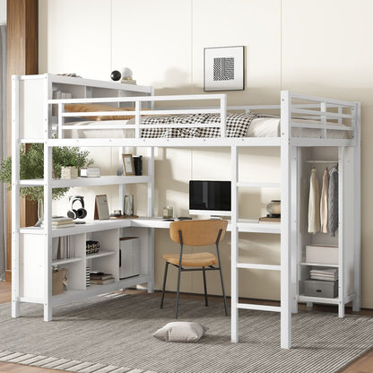 Metal Loft Bed with Wardrobe And L-shaped Desk, Queen Size Loft Bed with Storage Cubes and Shelves, Heavy Duty Loft Bed for Kids Teens Adults, White