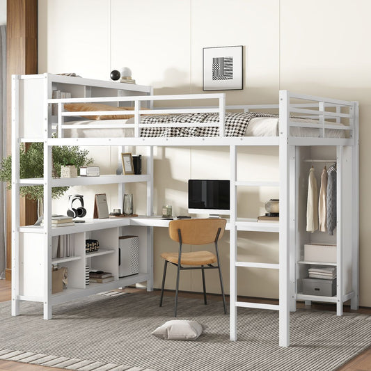 Metal Loft Bed with Wardrobe And L-shaped Desk, Queen Size Loft Bed with Storage Cubes and Shelves, Heavy Duty Loft Bed for Kids Teens Adults, White