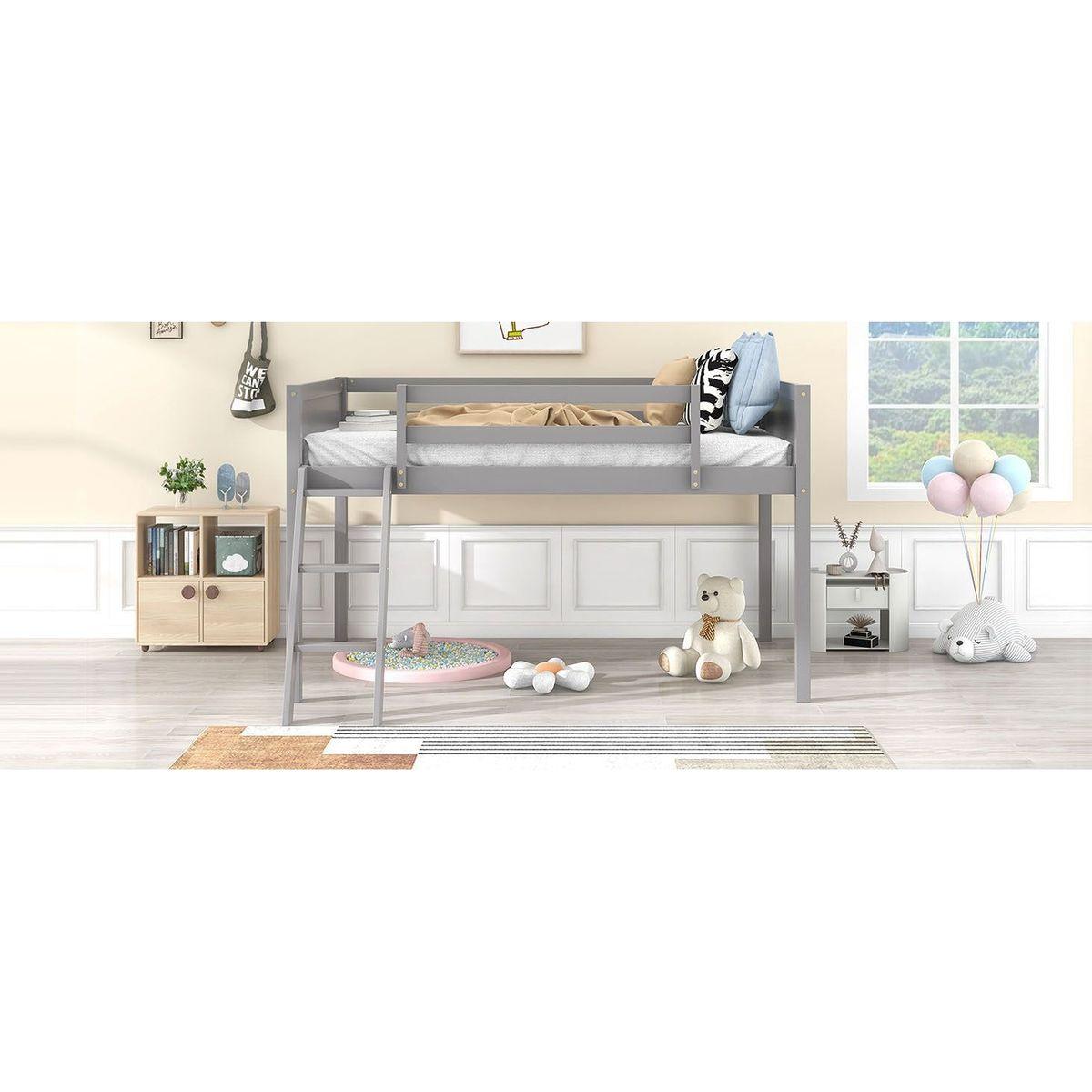 Twin Size Wood Low Loft Bed with Ladder, ladder can be placed on the left or right, Gray