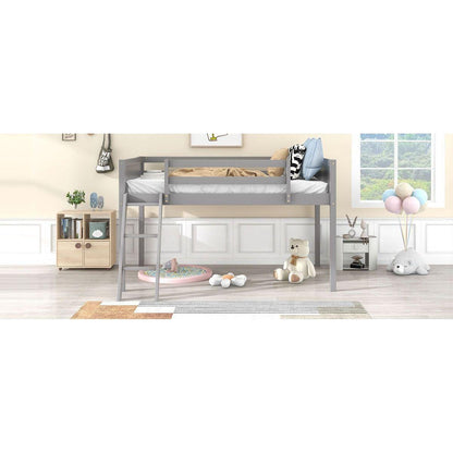 Twin Size Wood Low Loft Bed with Ladder, ladder can be placed on the left or right, Gray