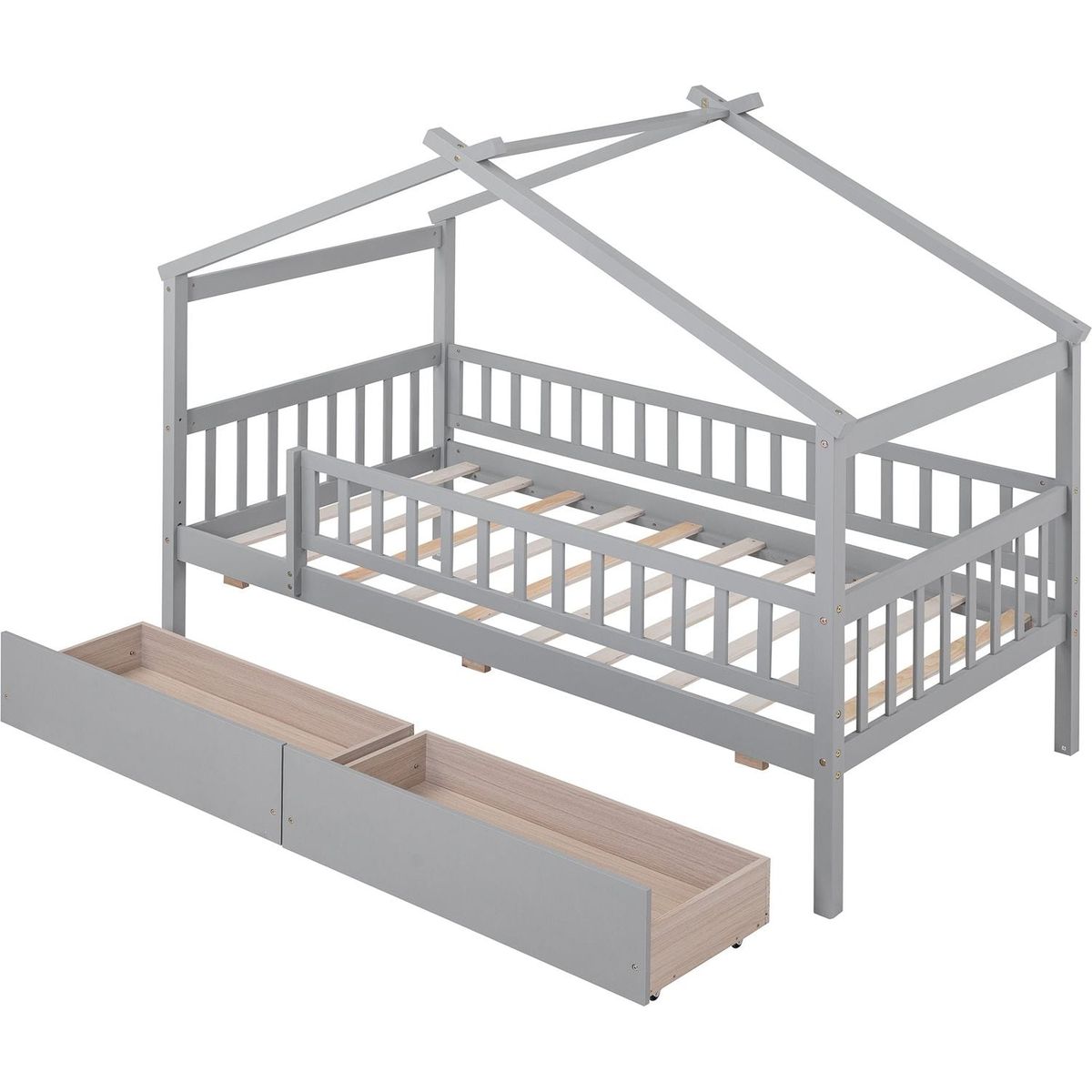Twin Size Wooden House Bed with Two Drawers, Gray