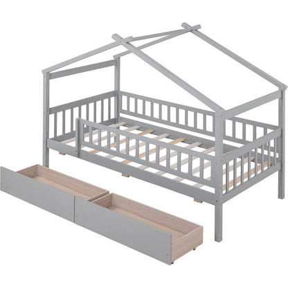 Twin Size Wooden House Bed with Two Drawers, Gray