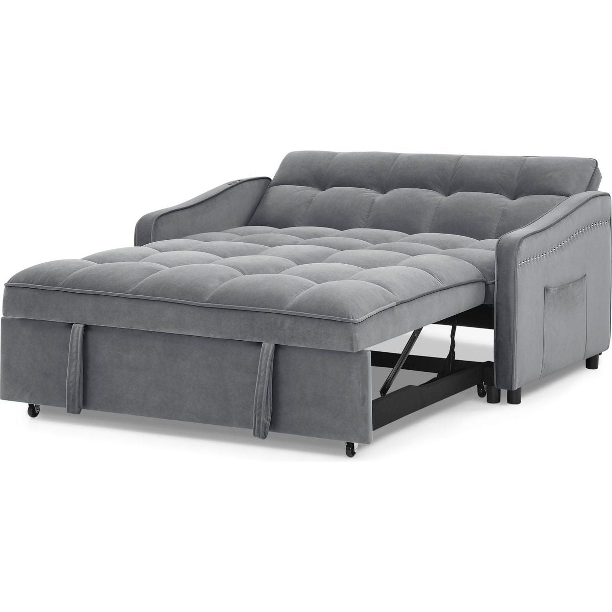 Loveseats Sofa Bed with Pull-out Bed,Adjustable Back and Two Arm Pocket,TypeC and USB Charging with Copper nail,Grey (47"x53"x31")