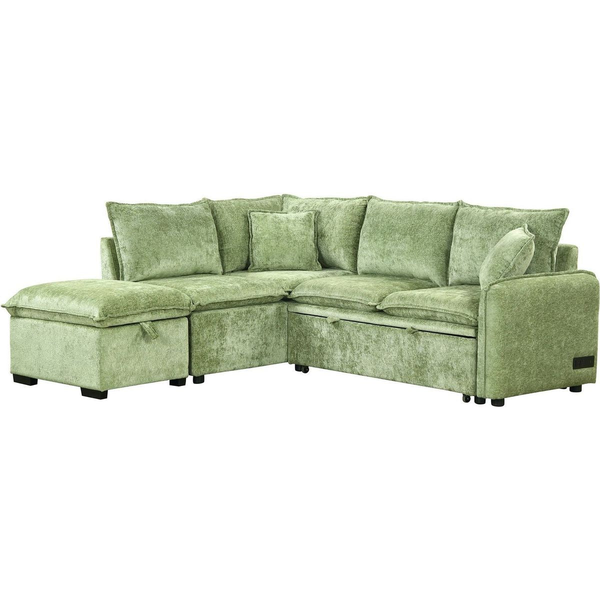 82.67"Convertible Sofa Bed Sectional Sofa Sleeper L-shaped Sofa with a Storage Ottoman,Two Pillows, Two Power Sockets and Two USB Ports for Living Room, Green
