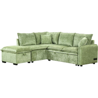 82.67"Convertible Sofa Bed Sectional Sofa Sleeper L-shaped Sofa with a Storage Ottoman,Two Pillows, Two Power Sockets and Two USB Ports for Living Room, Green