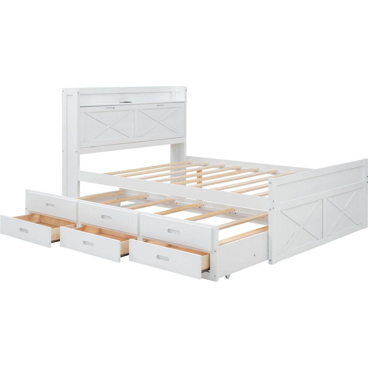 Full Size Wooden Bed with Storage Headboard with Outlets, Extendable Bed with Twin Size Trundle with Three Storage Drawers,White