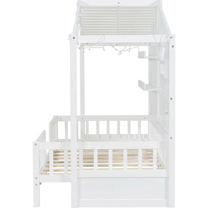 Twin Size House Bed with Shelves, House Bed with Window and Sparkling Light Strip on the Roof, White
