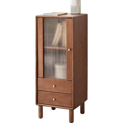 Storage Cabinet for Living Room - Free-Standing Corner Cabinets Storage Table with Vintage Glass Door,2 Shelves,2 Drawers & Brass Handle for Entryway Kitchen Hallway TV Stand, 37.4"H (Walnut)