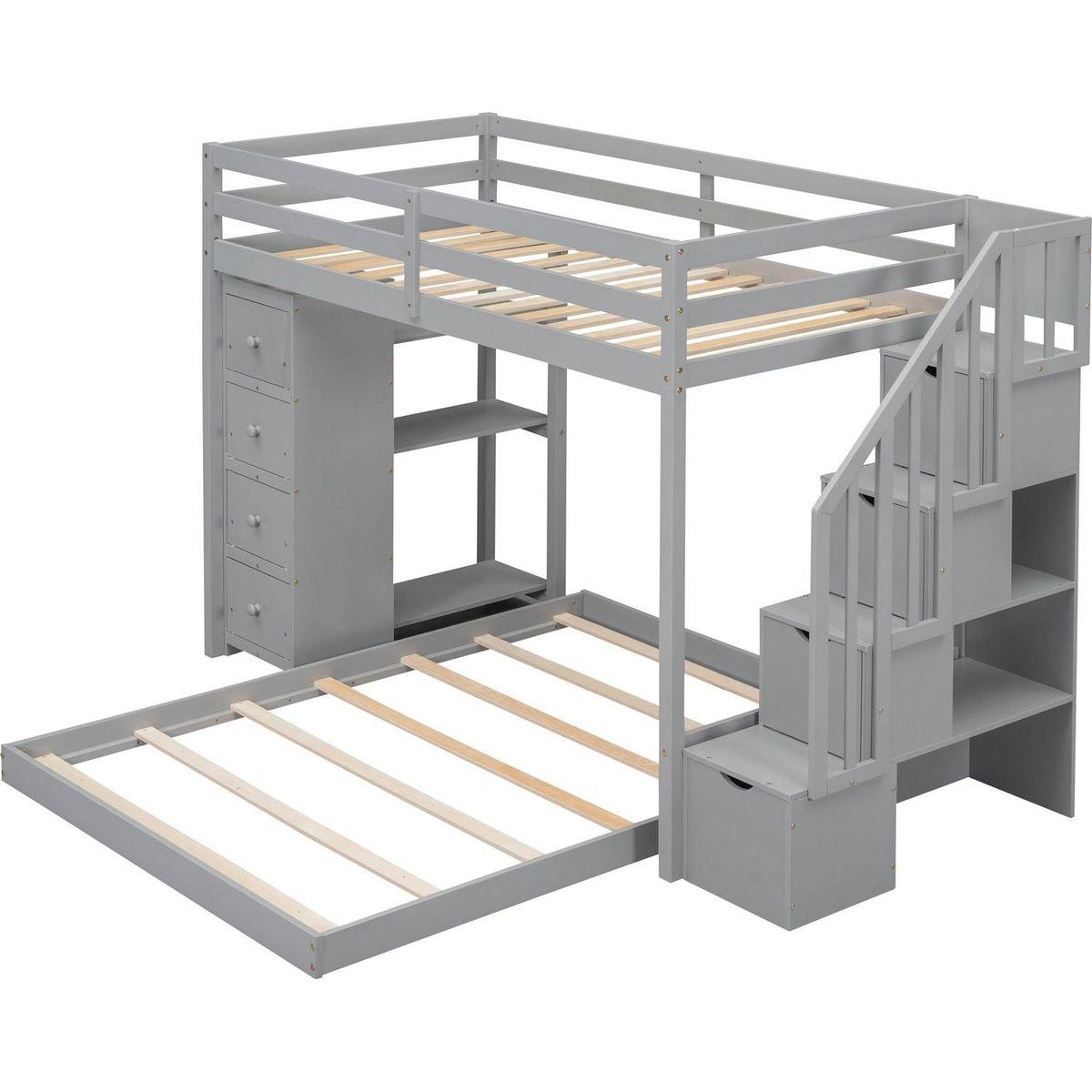 Twin Over Full Bunk Bed with 3-layer Shelves, Drawers and Storage Stairs, Gray
