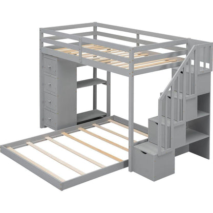 Twin Over Full Bunk Bed with 3-layer Shelves, Drawers and Storage Stairs, Gray