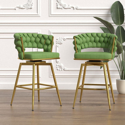 Bar Chair Linen Woven Bar Stool Set of 4,Golden legs Barstools No Adjustable Kitchen Island Chairs,360 Swivel Bar Stools Upholstered Bar Chair Counter Stool Arm Chairs with Back Footrest, (Green)