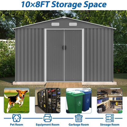 10X8 FT Outdoor Storage Shed, Metal Foundation & Lockable Doors, Tool Shed for Garden, Patio, Backyard, Lawn, Grey - Streamdale Furniture
