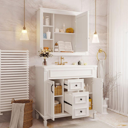 36" Bathroom Vanity with Top Sink, White Mirror Cabinet, Modern Bathroom Storage Cabinet with 2 Soft Closing Doors and 2 Drawers, Single Sink Bathroom Vanity