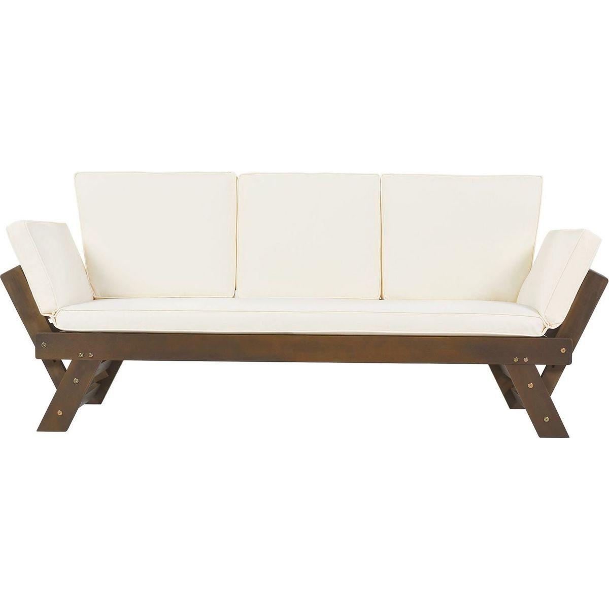 Outdoor Adjustable Patio Wooden Daybed Sofa Chaise Lounge with Cushions for Small Places, Brown Finish+Beige Cushion