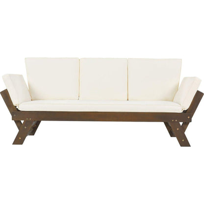 Outdoor Adjustable Patio Wooden Daybed Sofa Chaise Lounge with Cushions for Small Places, Brown Finish+Beige Cushion