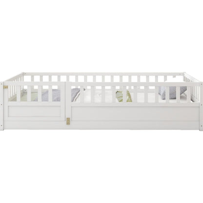 Twin Size Floor bed, integral construction with super high security barrier, door, children's floor bed frame, Montessori wooden children's floor bed, Support slat white